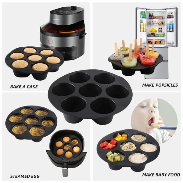 Ferramentas de cozimento 7 buracos airfryer molde de silicone pote muffin copo acessórios fritadeira bolo forno microondas moldes para pastelaria