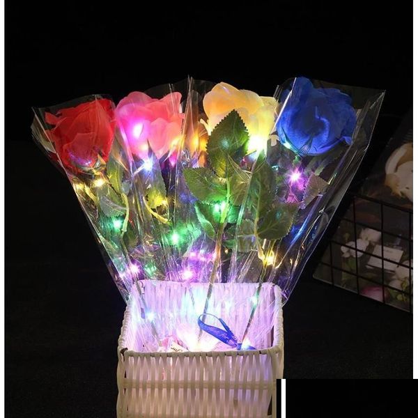 Decoração de festa Rosas artificiais brilhantes Flores LED Light Up Long Haste Falso Silk Rose para DIY Bouquet Mesa Central Home Atmosp Dhayq