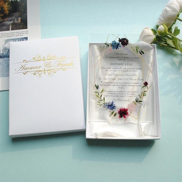 carta acrilica con stampa colorata personalizzata carta di invito a nozze Foglie d'oro trasparenti1243a