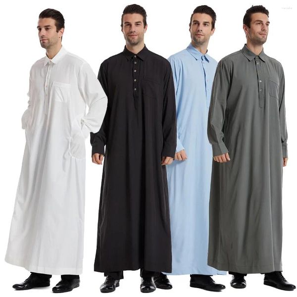 Abbigliamento etnico Eid Uomini musulmani Jubba Thobe Abito camicia lunga da uomo Ramadan islamico Abito con bavero Abbigliamento musulmano saudita Abaya Caftano Dubai Arabo