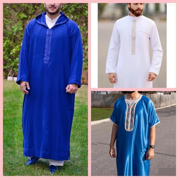 Roupas étnicas 2024 Faixa Vertical Masculino Muçulmano Mid-manga Robe Arábia Saudita Homens Médio Oriente Juba Thobe Islâmico