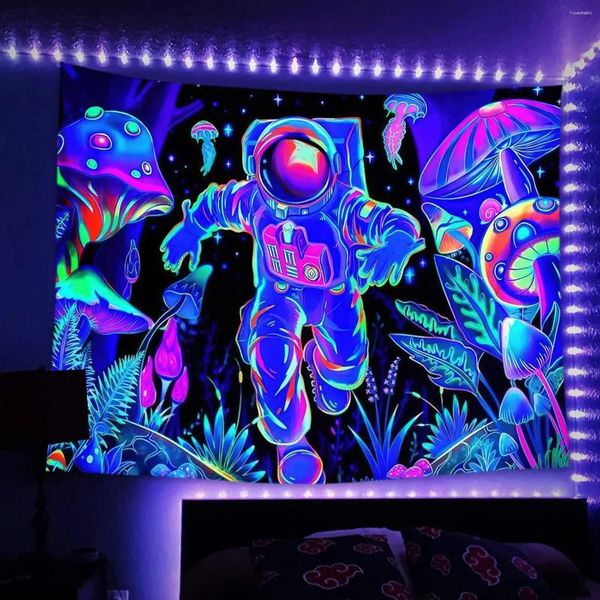 Tapeçarias Luz Negra Tapeçaria com UV Reativo Psicodélico Espaço Exterior Astronauta Pendurado Hippie Quarto Dormitório Decoração