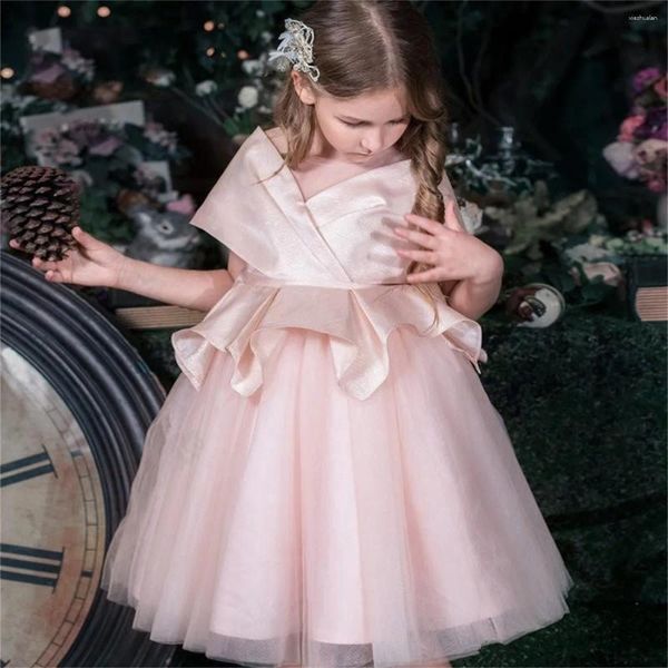 Vestidos de menina bonito rosa mancha tule inchado com arco flor vestido para casamento elegante criança primeira festa de aniversário eucarística