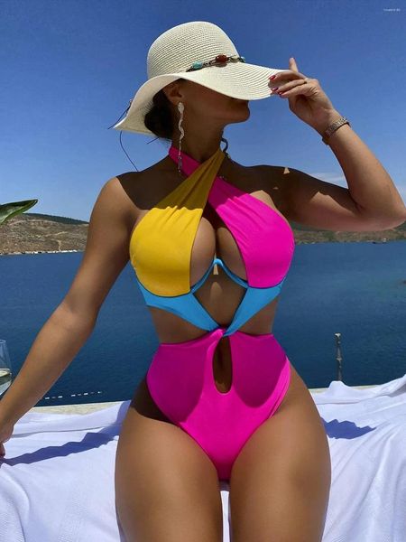 Kadın Mayo Seksi Yapı Renkli Kadınlar Hatter Çapraz Baliye Kes Kesme Bir Parça Mayo Mayo Kıyafet Pembe Patchwork Bikini