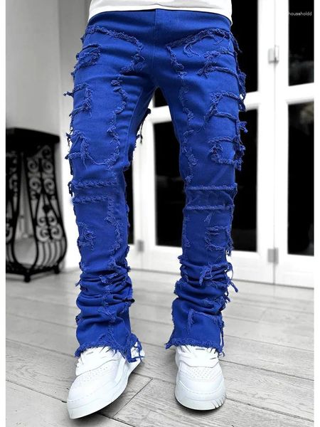 Jeans masculinos 2024 criativo borlas decoração reta ajuste casual médio estiramento estilo de rua calças jeans para todas as estações