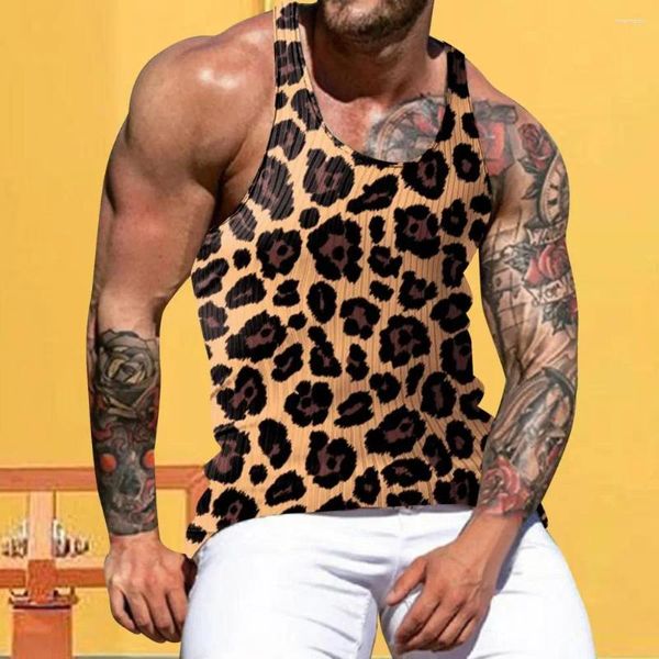 Regatas masculinas tie dye verão colete colorido tie-dye leopardo impressão fino ajuste o pescoço topo para ginásio fitness macio elástico