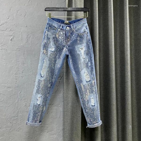 Jeans da donna Pantaloni in denim di grandi dimensioni Pantaloni Harem da donna 2024 Estate Autunno Ricamo Paillettes Azzurro Fori strappati Femme