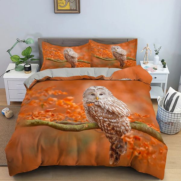 Hayvan baykuşu nevresim seti kraliçe boyutu sevimli taupe yatak takımları çocuklar için gece yaratıklar yatak odası dekor yorgan 240131