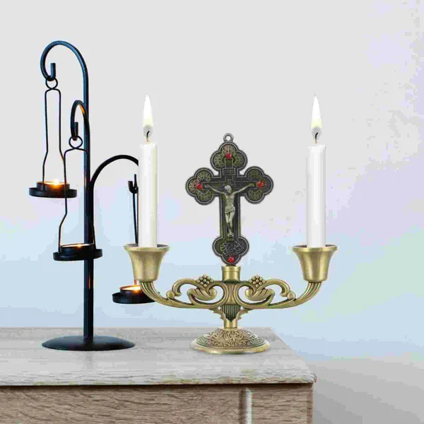 Portacandele Portacandele Croce cristiana Crocifisso conico Candelabro in metallo Candeliere vintage Matrimonio domestico