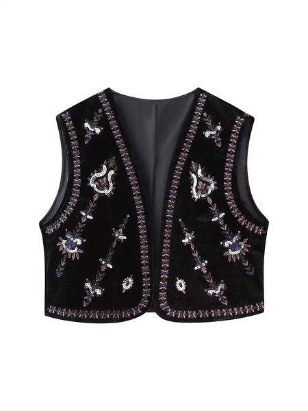 Donne Vintage Paillettes Fiore Ricamo Corto Gilet di Velluto Giacca Donna Senza Maniche Cardigan Casual Gilet Top CT5465 240123