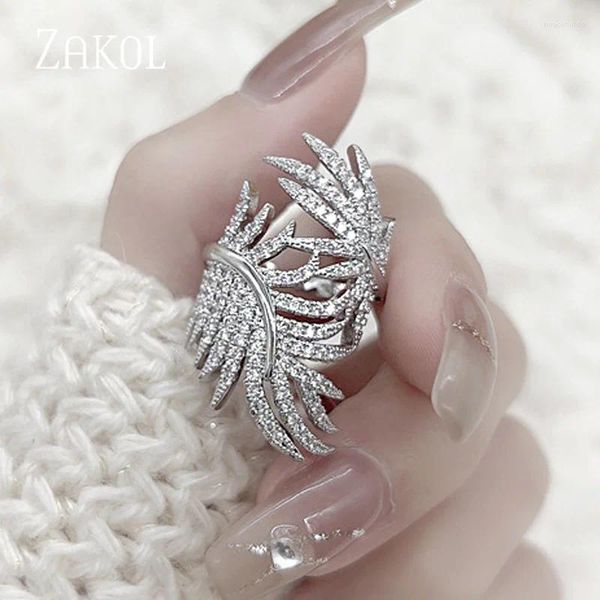 Eheringe ZAKOL Koreanische Mode Weiße Feder Finger Für Frauen Trendy Zirkonia Verlobungsfeier Schmuck