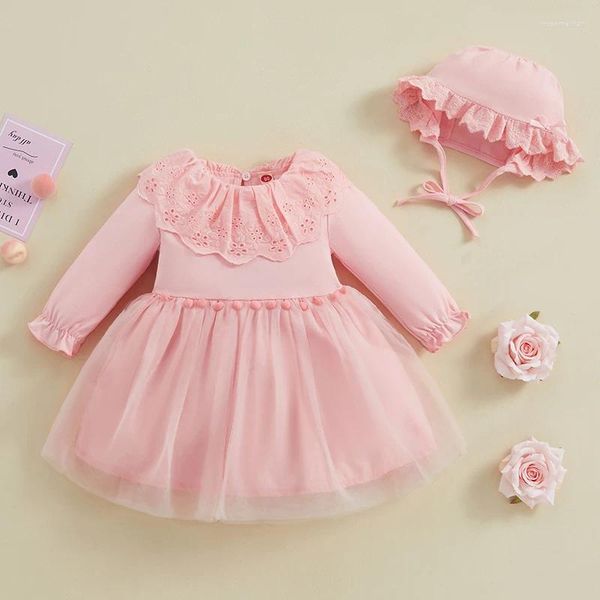 Vestidos de menina Pudcoco Criança Bebê Meninas Vestido de Batismo Renda Boneca Gola Bobbles Tule Hem Manga Longa Princesa Com Chapéu 6M-3T