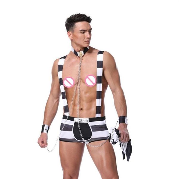 Gestreifte Männer Gefangene Kostüm Halloween Cosplay Uniform Sexy Dessous Set Hosenträger Boxershorts Mit Hut Kette Kragen Wristbands211r