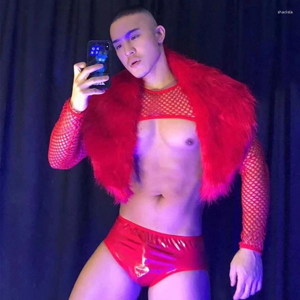 Palco desgaste homens mulheres sexy gogo nightclub bar ano de natal mostrar traje vermelho imitação de pele xale shorts de couro malha manga de ombro