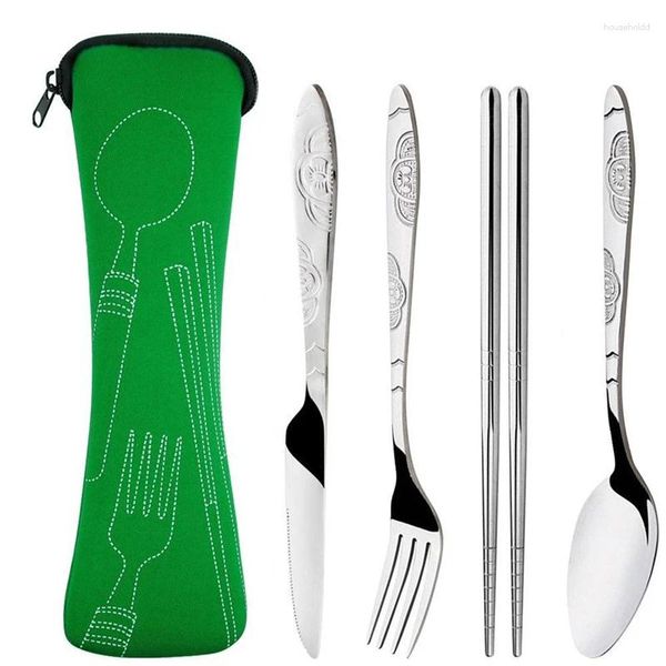 Geschirr-Sets 4 teile / satz Tragbare Messer Gabel Löffel Stäbchen Edelstahl Familie Camping Steak Besteck Geschirr mit Tasche