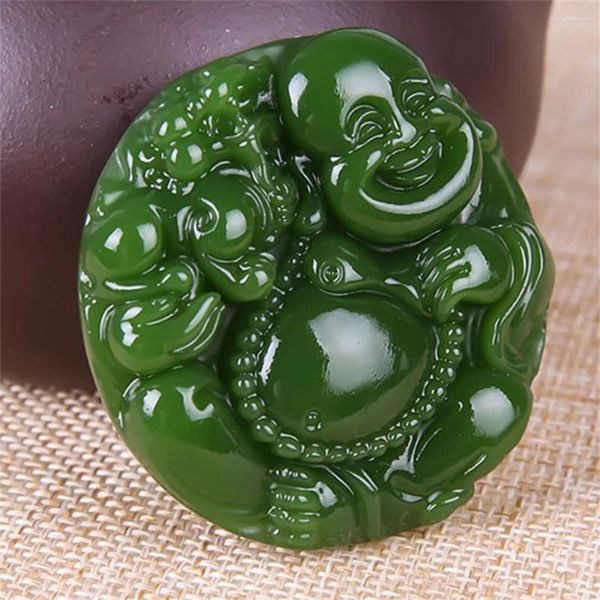 Colares Pingente Chinês Retro Verde Jade Mão Esculpida Antiga Rindo Buda Sorte Amuletos Colar Vintage Party Stone Jóias