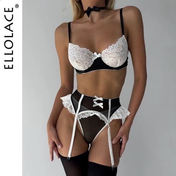 Ellolace Maid Outfit Нижнее белье Кружевные чулки Нижнее белье Симпатичные трусики с бантом и комочками волос Прозрачные чувственные необычные экзотические комплекты 240127