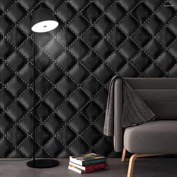 Wallpapers luxo preto 3d falso couro papel de parede saco macio para sala de estar quarto tv fundo parede decoração casa mural