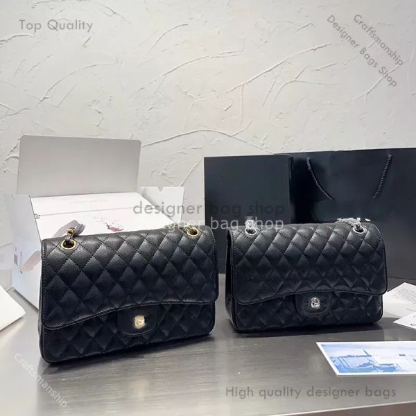 borsa firmata borsa tote Pelle di vitello caviale Catena in metallo tono oro Patta classica Tracolla trapuntata nera Borsa a tracolla in pelle più costosa per donna 25 cm 5A