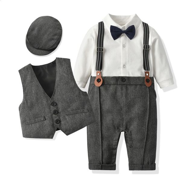 Born Boy Abiti formali Set Infant Boy Gentleman Compleanno Pagliaccetto Completo con cappello Gilet Manica lunga Tuta infantile Completo formale 240123