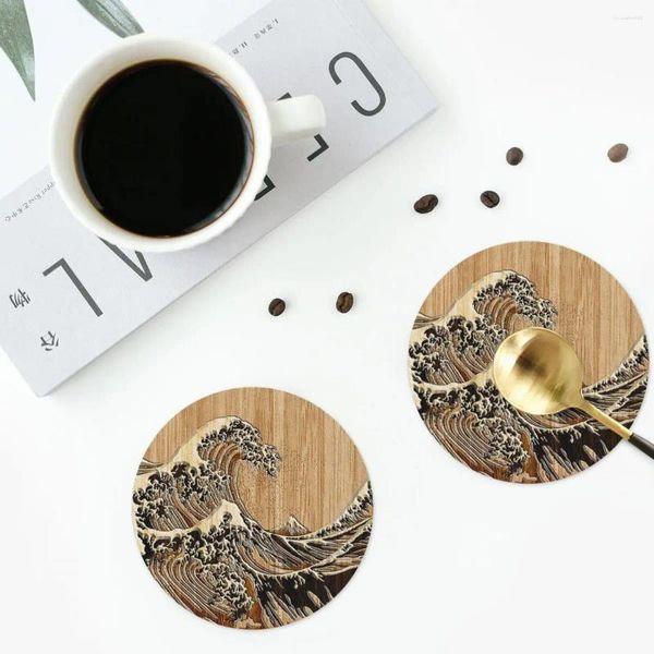 Tischsets „The Great Hokusai Wave In Bamboo“, Untersetzer aus Leder, rutschfeste Isolierung, für Kaffee, Küche, Esszimmer, 4er-Set