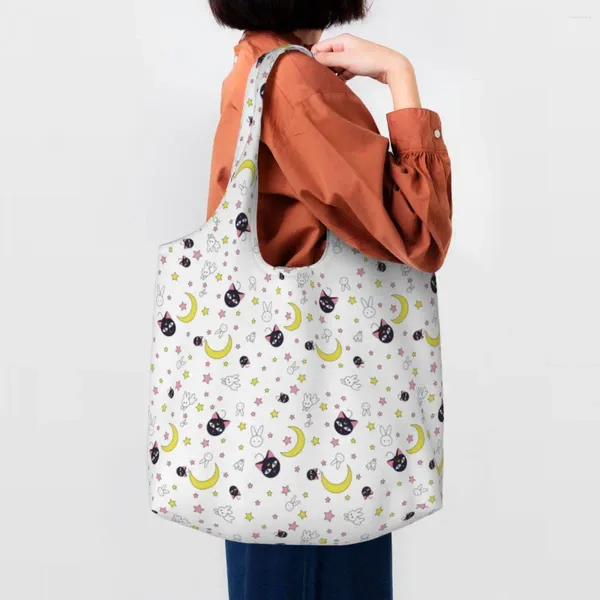 Sacos de compras Sailors Moon Padrão e Estrelas Saco de Compras Canvas Shopper Ombro Tote Capacidade Lavável Bolsa