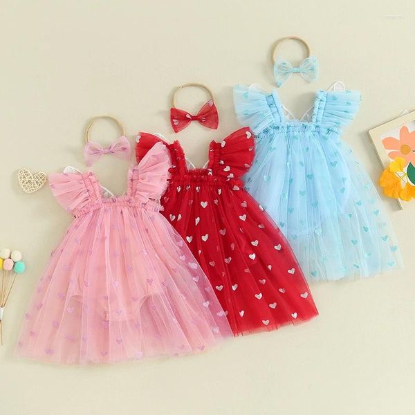 Kız Elbiseler Pudcoco Bebek Bebek Sevgililer Günü Kalp Baskı Tül Mesh Romper Elbise Kafa Bandı Doğum Günü Kıyafet
