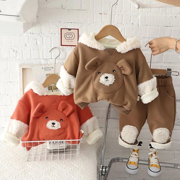 Set di abbigliamento Coreano Bambini Ragazzo Inverno 2 pezzi Set di vestiti Orso del fumetto Felpe in pile di cotone Patchwork Pantalone per neonati Abiti per bambini