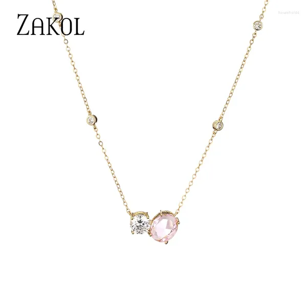 Anhänger Halsketten ZAKOL Mode Rosa Oval Zirkonia Für Frauen Geometrische Gold Farbe Choker Mädchen Party Schmuck