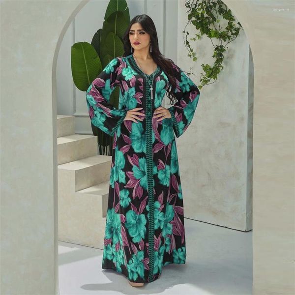 Ethnische Kleidung Diamanten Jalabiya Frauen Blumendruck Maxikleid Eid Mubarak Ramadan Abaya Djellaba Dubai Türkei Kaftan Muslimisches Abendkleid