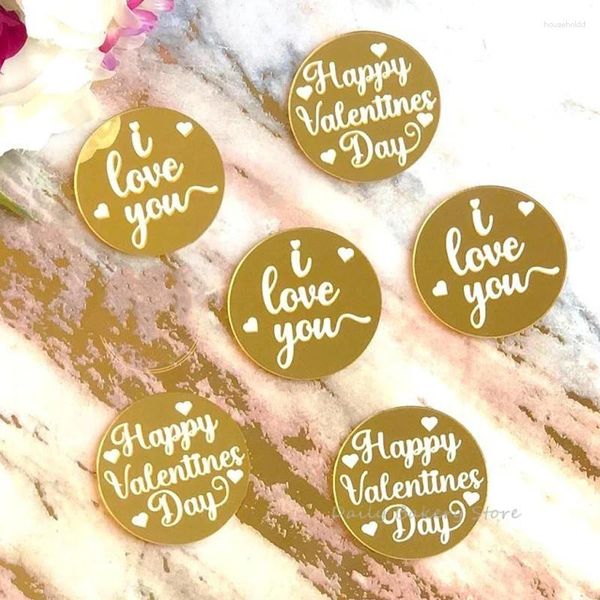 Ferramentas de bolo 10 peças feliz dia dos namorados cupcake toppers acrílico redondo cor dourada eu te amo decorações de festa de casamento