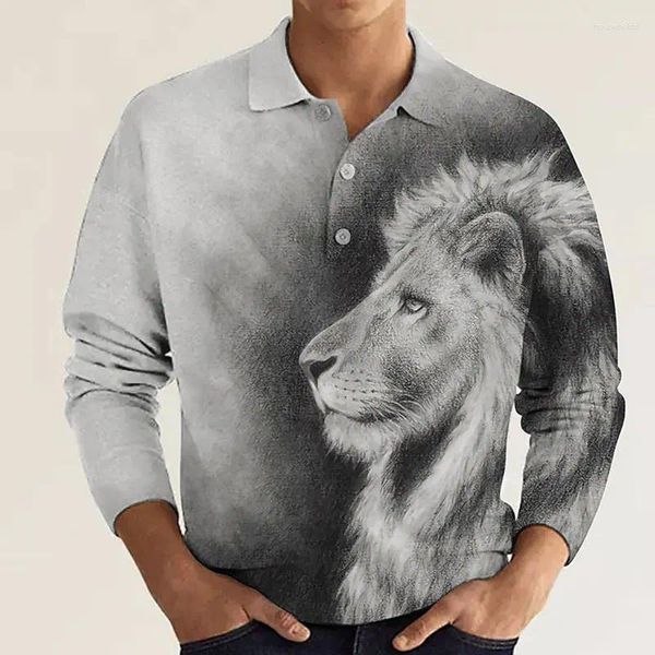 Мужские поло с 3D-принтом льва и волка, повседневные рубашки с длинными рукавами и графикой животных, повседневная классическая осенняя одежда с отложным воротником, топы большого размера