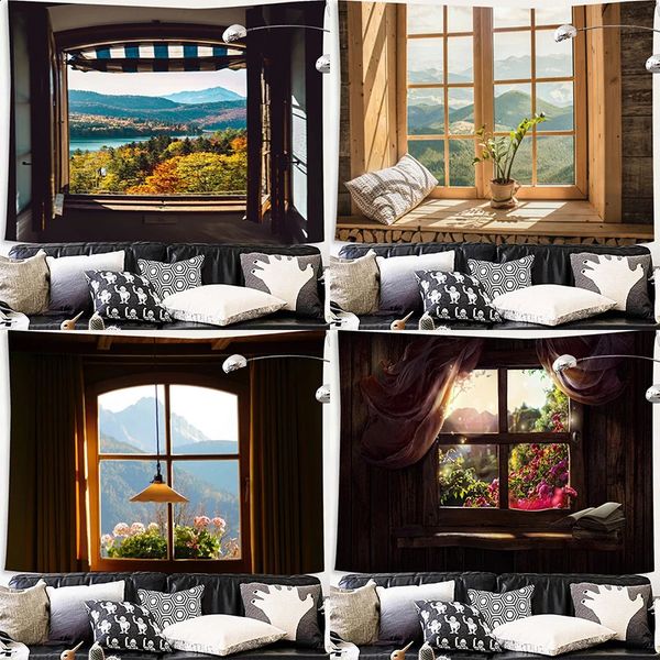 Arazzo personalizzabile con finta finestra con vista sulle montagne, foresta di mare, coperta di stoffa appesa a parete per la casa 240127