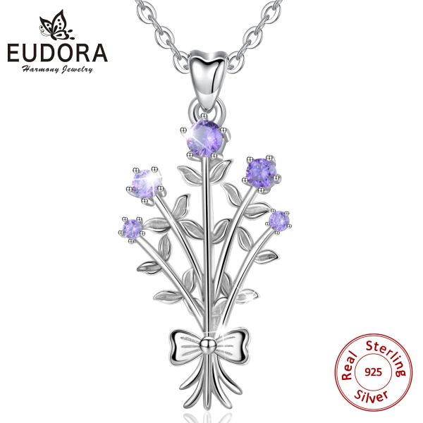 Pendants Eudora Sterling Silver bunch of Purple flowers necklace Purple CZ Pendants Women Jewelry for birthday gift for girlfriend D510