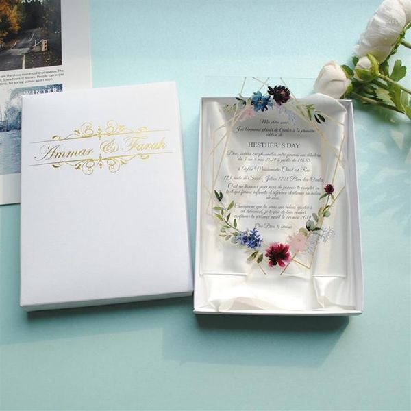 Cartão acrílico com impressão colorida personalizada, cartão de convite de casamento, folhas douradas transparentes 1280Z
