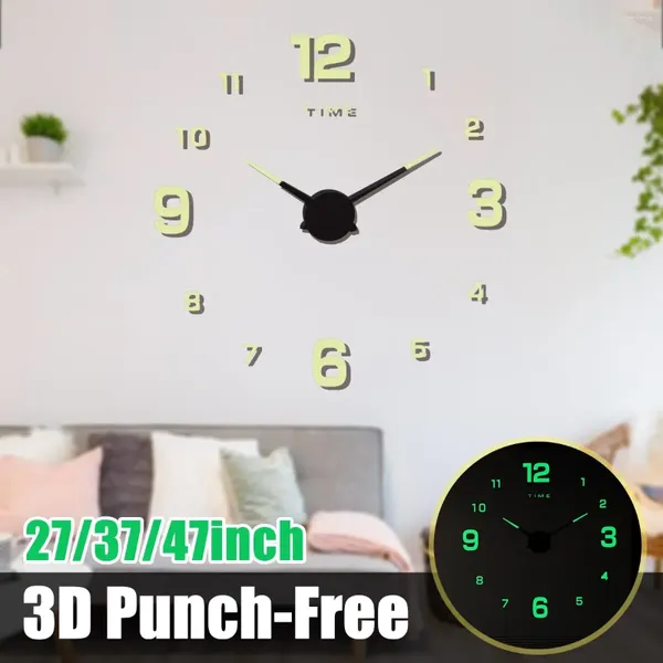 Настенные часы 27/37/47 дюймов, светящиеся большие часы Horloge 3D DIY, акриловые зеркальные наклейки, кварцевые часы, современные немые домашние деко