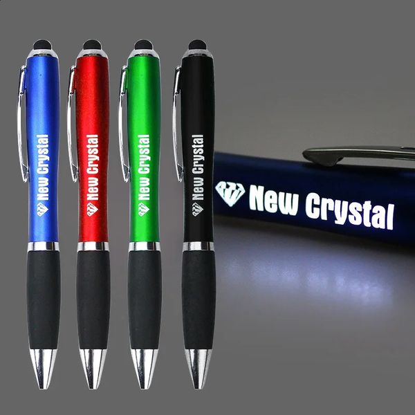 Caneta promocional multifuncional iluminada com tela de toque suave personalizada Caneta esferográfica LED 240119