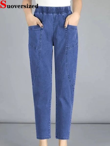 Jeans blu vintage alla caviglia a vita alta Pantaloni in denim elastico Harem Large Size 4xl Donna Jogger Vaqueros Casual Baggy Spodnie 240125