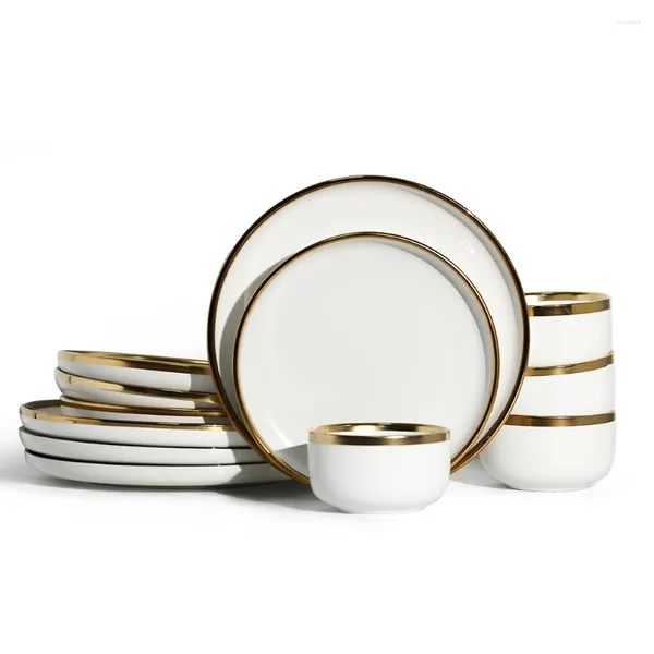 Наборы кухонной посуды Фарфоровый набор столовой посуды из 12 предметов Сервис для 4 MaБелые тарелки с черным и золотым ободком Керамическая посуда оптом