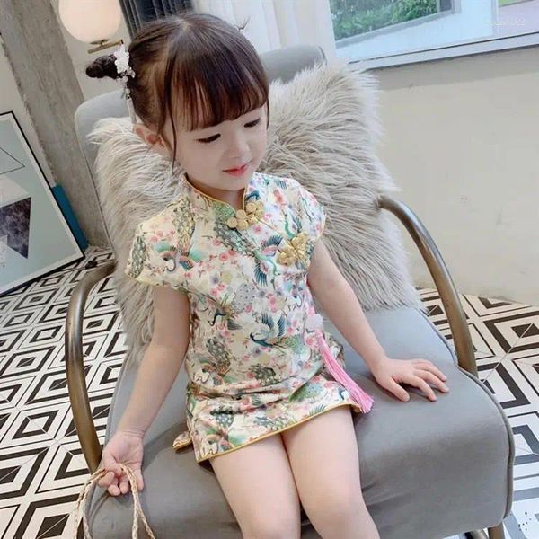 Платья для девочек, китайское платье принцессы Cheongsam, летняя одежда для маленьких девочек, милая хлопковая одежда с короткими рукавами и цветами