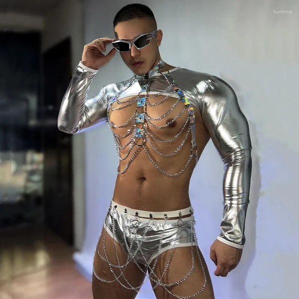 Abbigliamento da palco Discoteca sexy Bar DJ Gogo Pole Dance Costume Laser argento Top Pantaloncini Catene in vita Rave Outfit Party Show Abiti da spettacolo