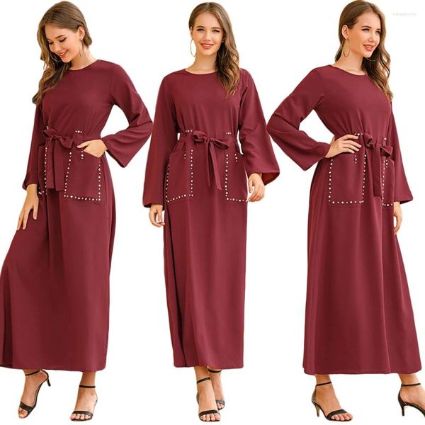 Roupas étnicas Abaya Mulheres Muçulmanas Vestido Longo Strass Bolsos Com Cinto Árabe Robe Partido Ramadan Islâmico Maxi Vestido Dubai Malásia