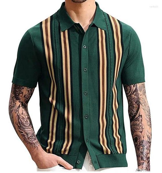 Herren T-Shirts 2024 Sommer grün gestreift Kurzarm Slim Fit Business Poloshirt Strickpullover Trend