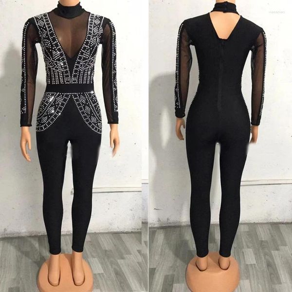 Bühnenkleidung Silber Strass Overall Sexy Black Mesh Strampler Frauen Sänger Feiern Jazz Gogo Kostüm Festival Outfit XS4326