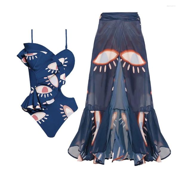 Costume da bagno da donna Blu con stampa di un occhio Costume da bagno con scollo all'americana Hollow Bretelle Bikini Costume intero con gonna divisa in rete Beachwear 2024 Pre-vendita