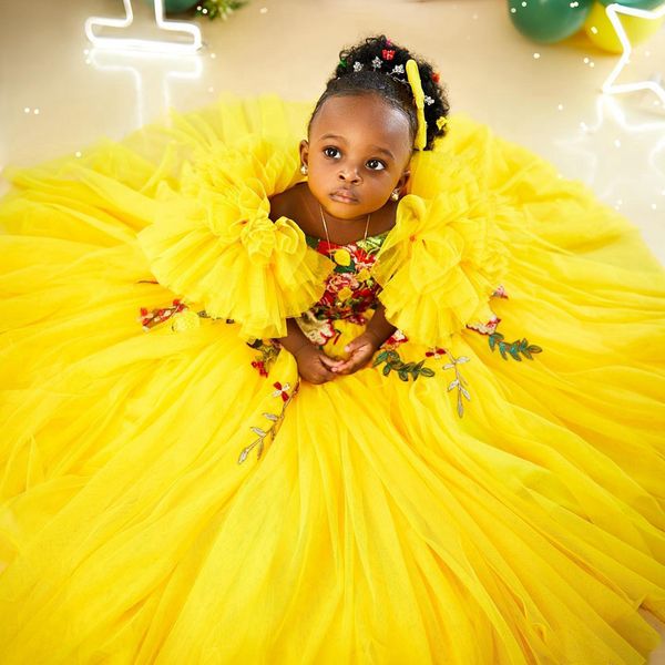 Amarelo flor menina vestidos com decote em v em camadas tule vestidos de baile vestido de flor princesa rainha feito à mão flores grânulo vestido de festa de aniversário para meninas nf073