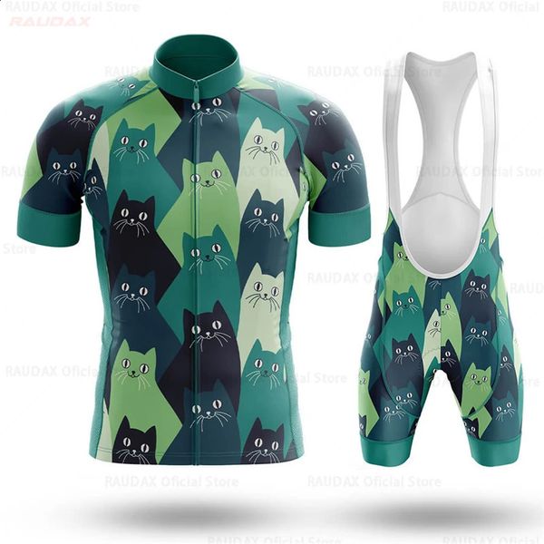 Мужская одежда для велоспорта, летний комплект из трикотажа с короткими рукавами и забавным мультяшным котом, дышащая быстросохнущая спортивная одежда, велосипедная форма 240202