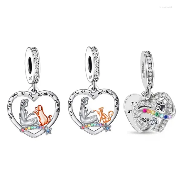 Pietre preziose sciolte adatte al braccialetto con ciondolo originale Pan in argento sterling 925 Arcobaleno Ponte Ragazza e cane Gatto Perlina per creare Berloque commemorativo per donne