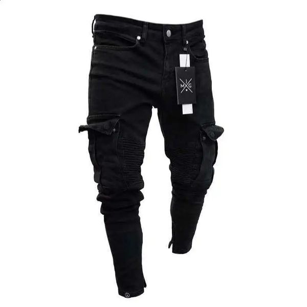 Calças de brim estiramento para homens preto grandes bolsos laterais carga jeans masculino moda zíper pequeno pé denim calças elásticas jogging 240124