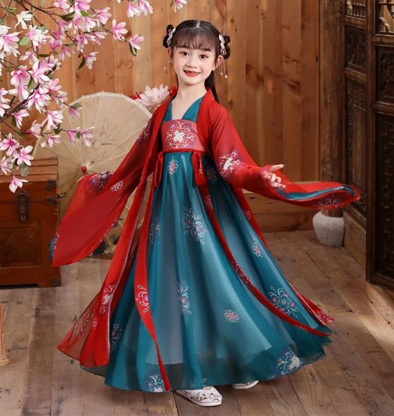 Vestido retrô chinês hanfu, imitação da dinastia tang chinesa, vestido para meninas 240130